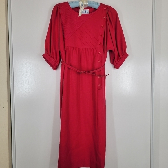 VINTAGE Leslie Fay Union Made Fuchsia Puff Sleeve Belted Dress 1970s Lady - Picture 4 of 17